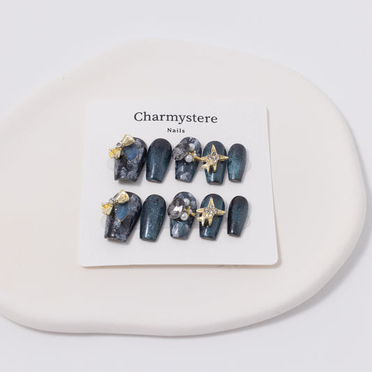 Black & Blue Marble Long Press-On Nails