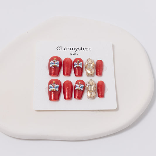 Traditional Chinese Lion Red Press-On Nails