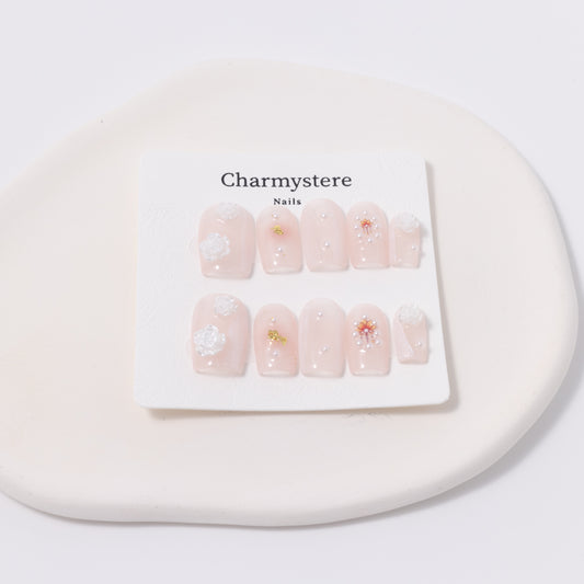 Floral Accent Nude Box-Shaped Press-On Nails